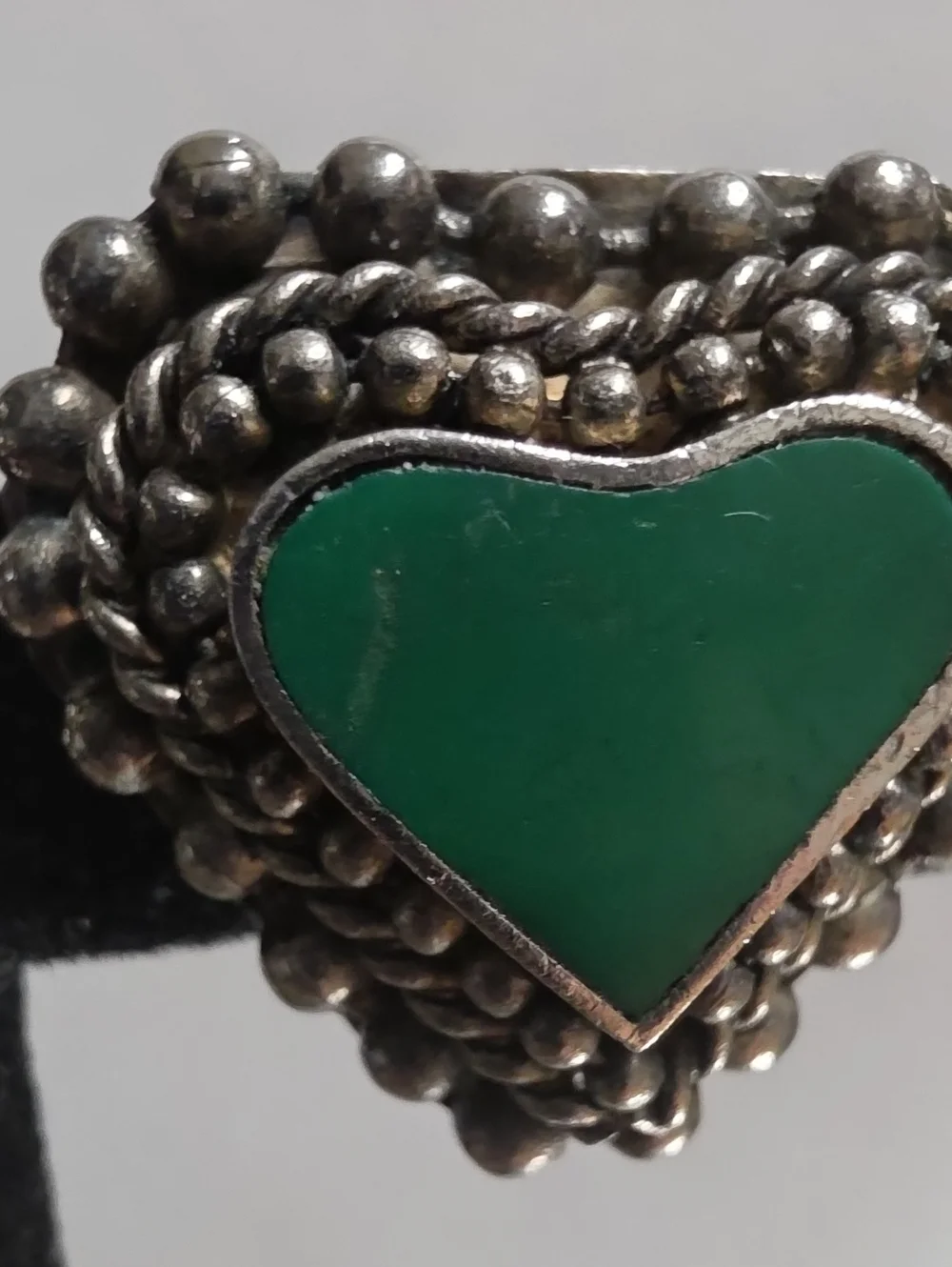Vintage Oxidized Silver-Tone Heart Clip-On Earrings with Green Resin Center